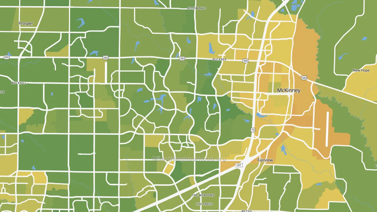 Map of the best neighborhoods in the McKinney area, with better matches in green and worse matches in red