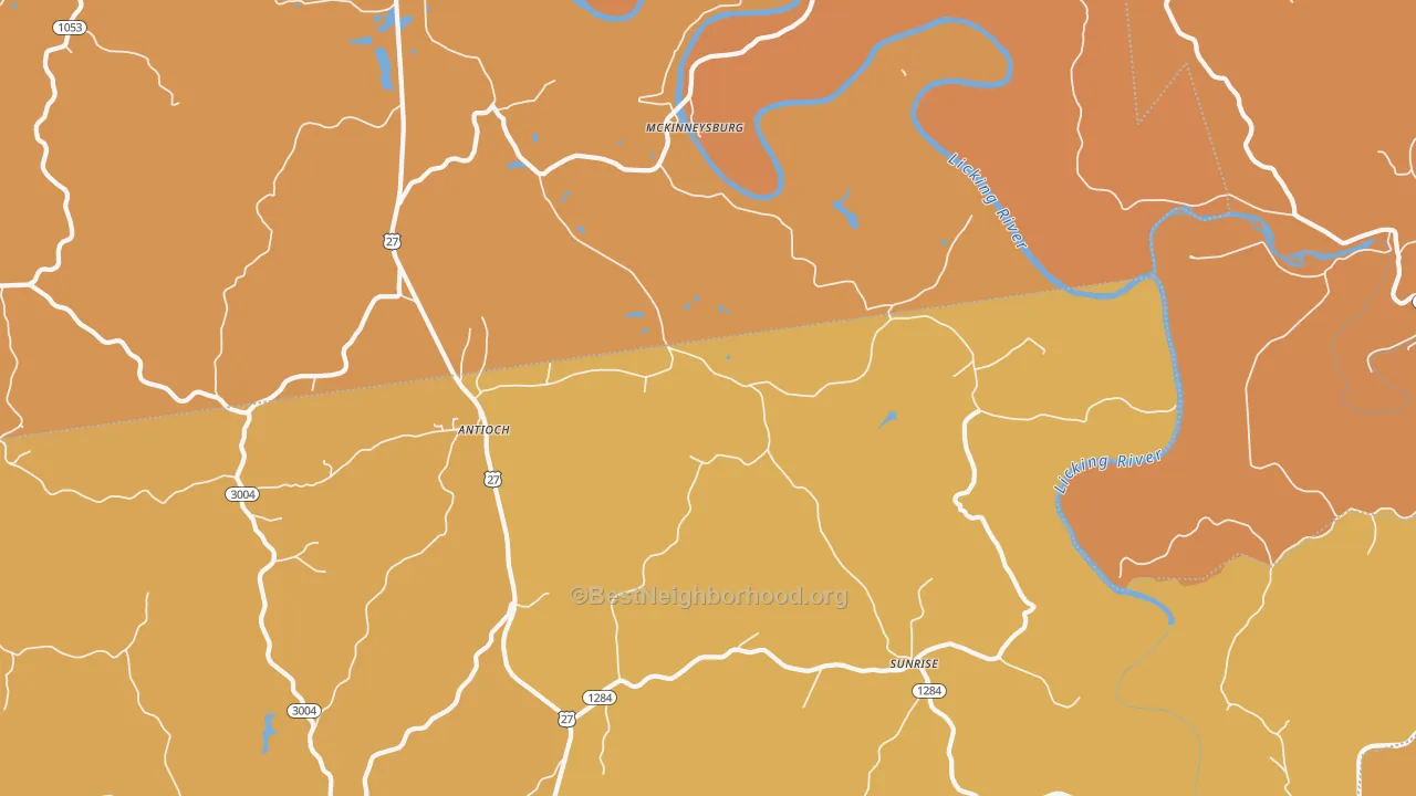 Map of the best neighborhoods in the McKinneysburg area, with better matches in green and worse matches in red