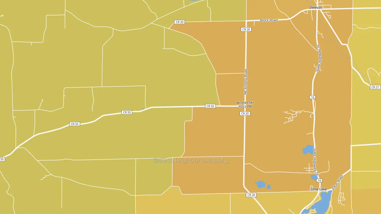 Map of the best neighborhoods in the McKinstry Hollow area, with better matches in green and worse matches in red