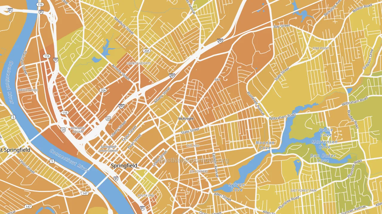 Map of the best neighborhoods in the McKnight, Springfield area, with better matches in green and worse matches in red