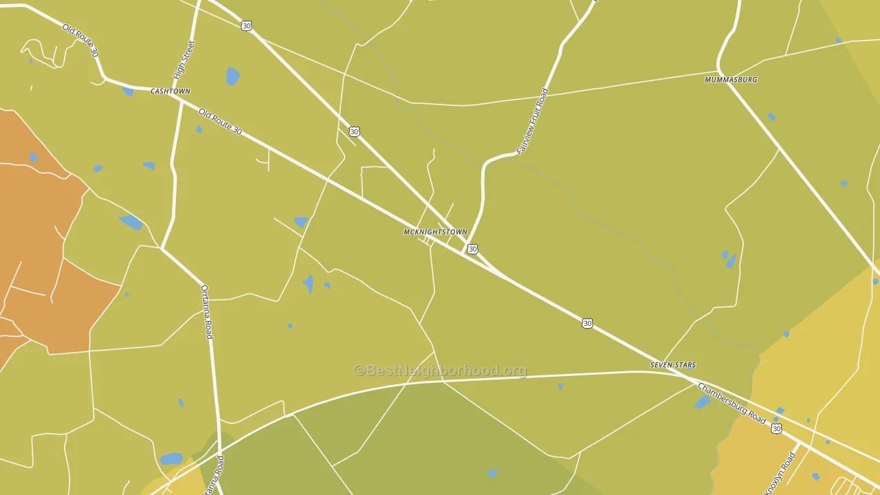 Map of the best neighborhoods in the McKnightstown area, with better matches in green and worse matches in red