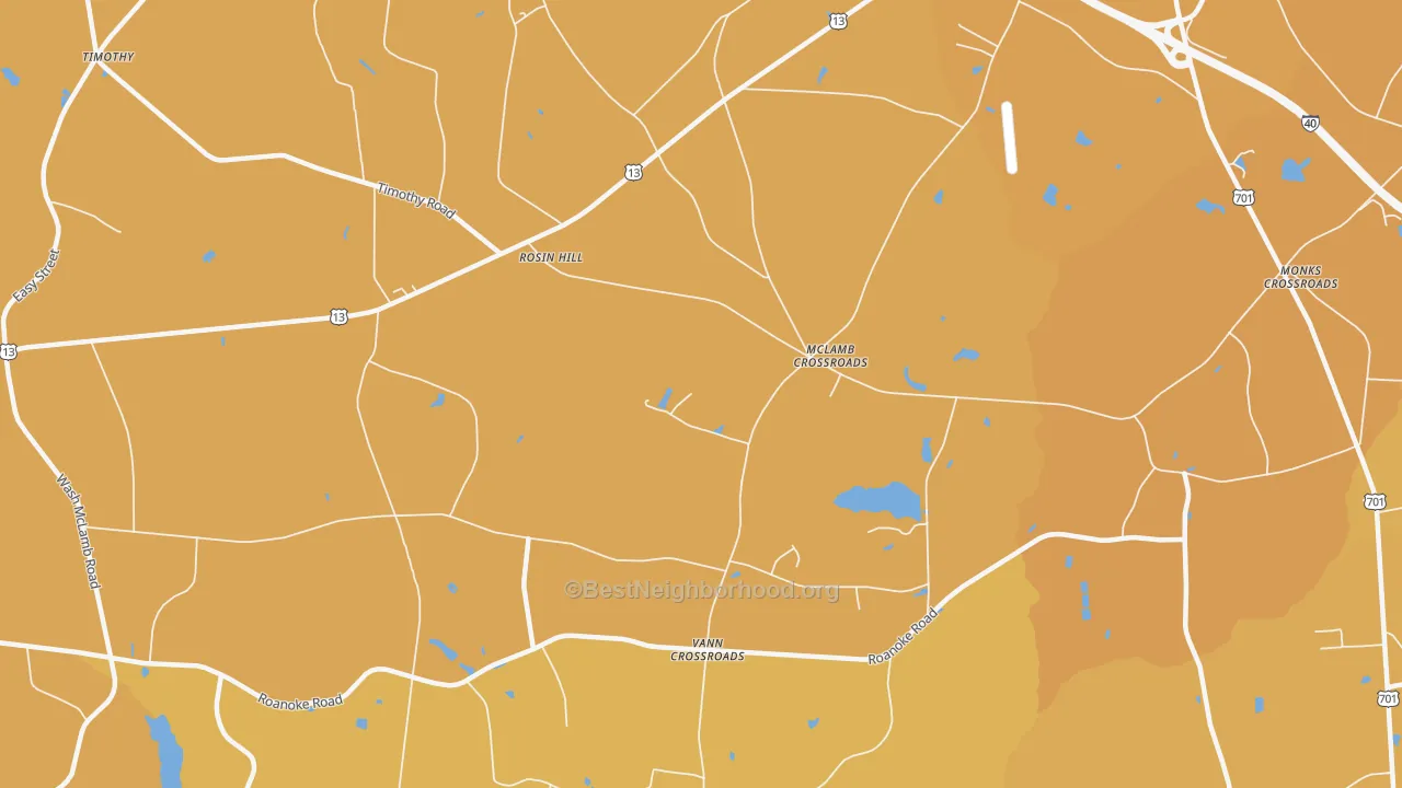 Map of the best neighborhoods in the McLamb Crossroads area, with better matches in green and worse matches in red