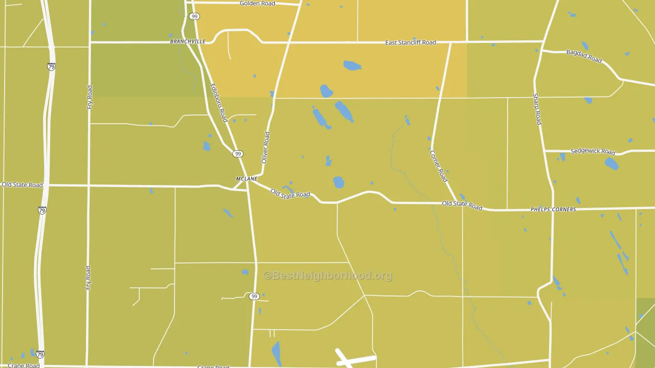 Map of the best neighborhoods in the McLane area, with better matches in green and worse matches in red