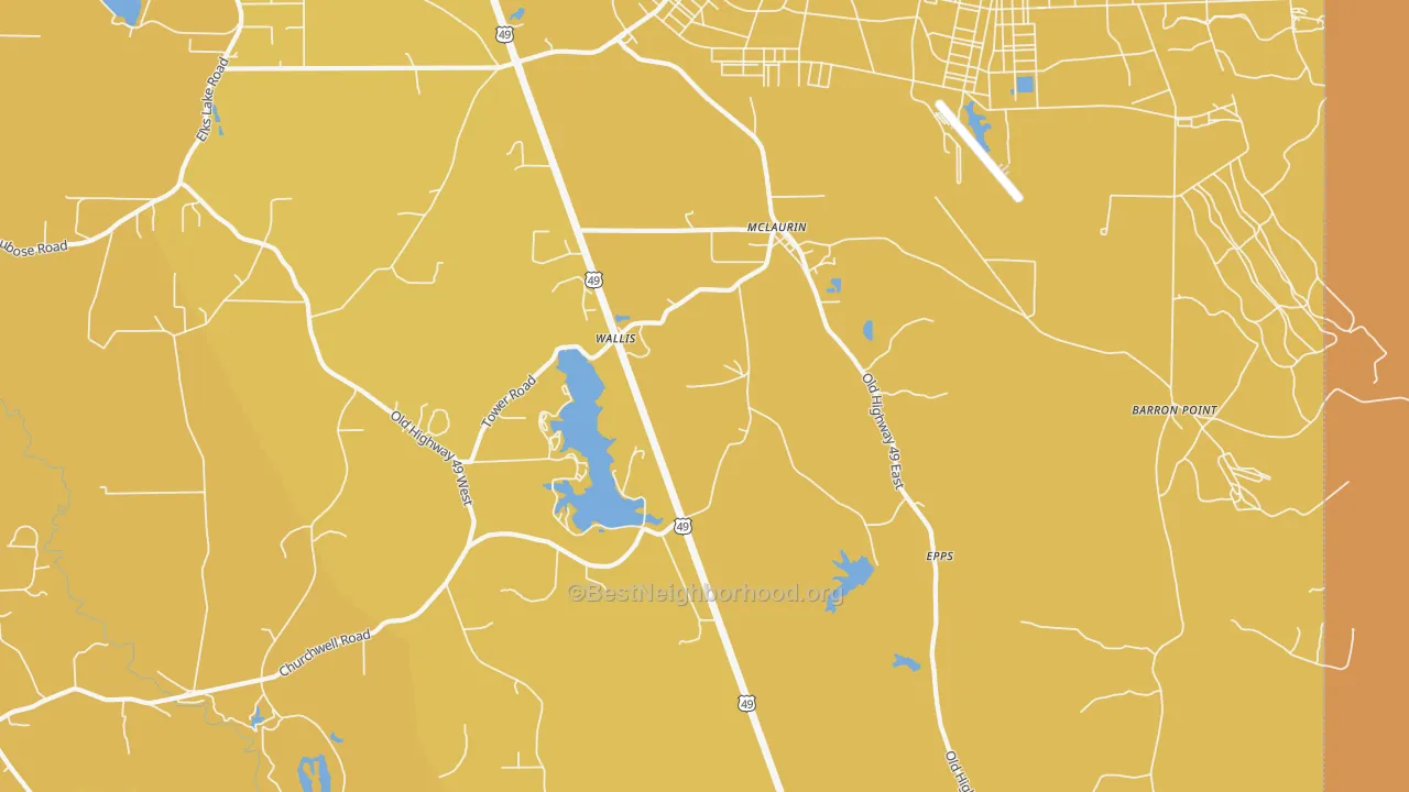 Map of the best neighborhoods in the McLaurin area, with better matches in green and worse matches in red