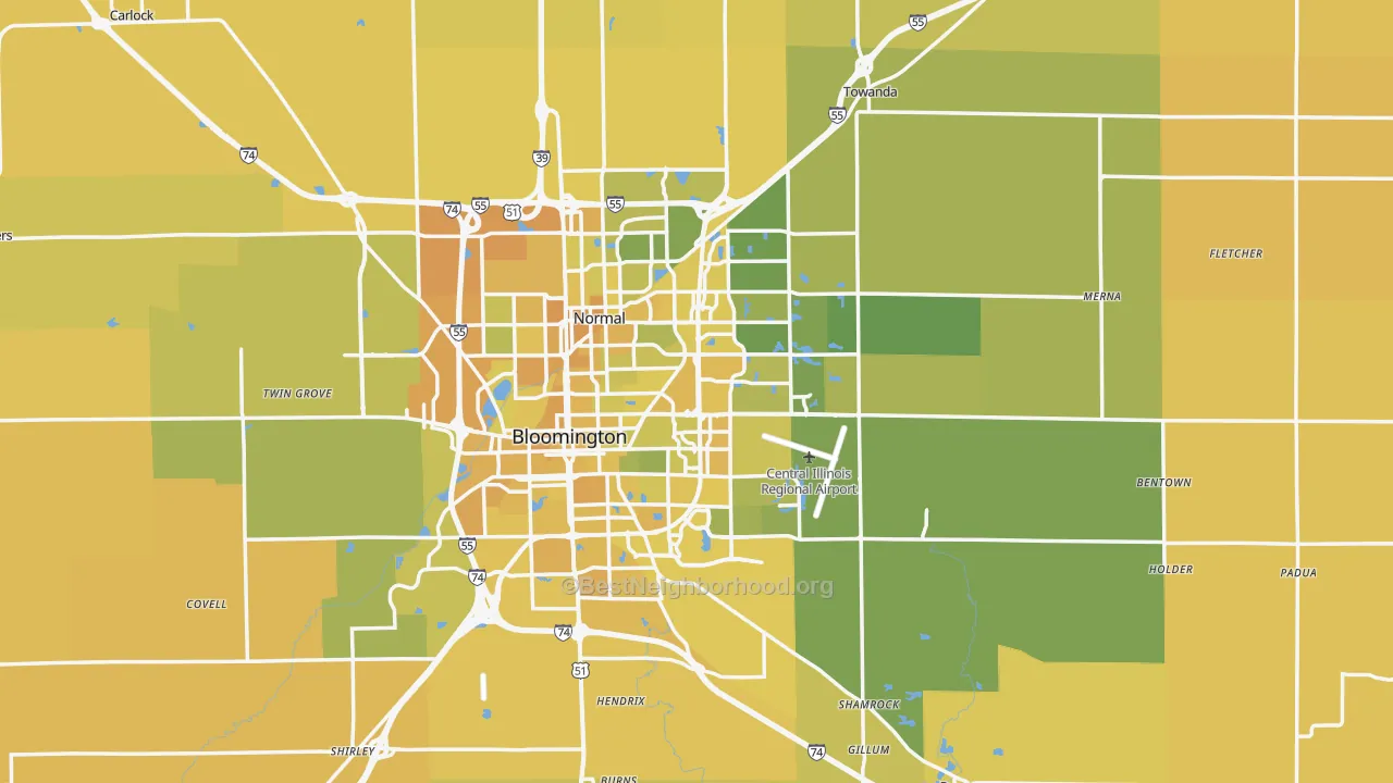 Map of the best neighborhoods in the McLean County area, with better matches in green and worse matches in red