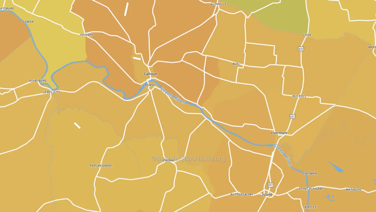 Map of the best neighborhoods in the McLean County area, with better matches in green and worse matches in red