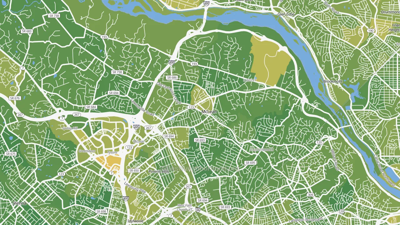 Map of the best neighborhoods in the McLean area, with better matches in green and worse matches in red