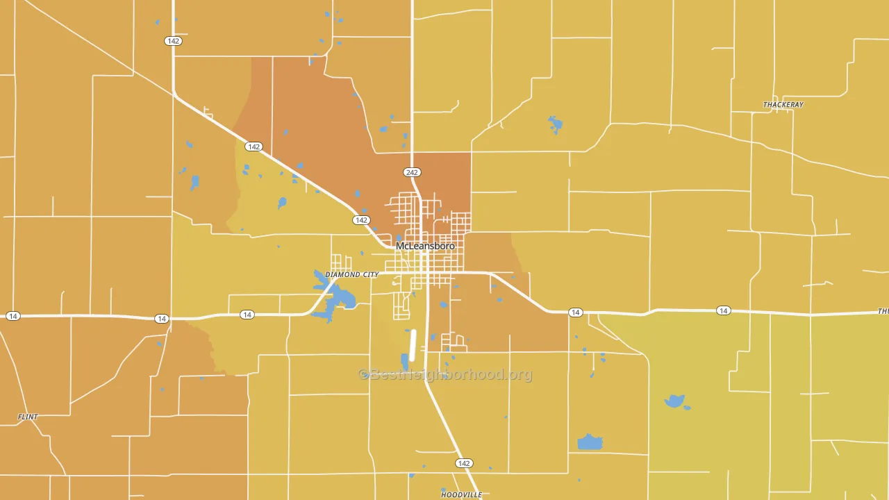 Map of the best neighborhoods in the McLeansboro area, with better matches in green and worse matches in red