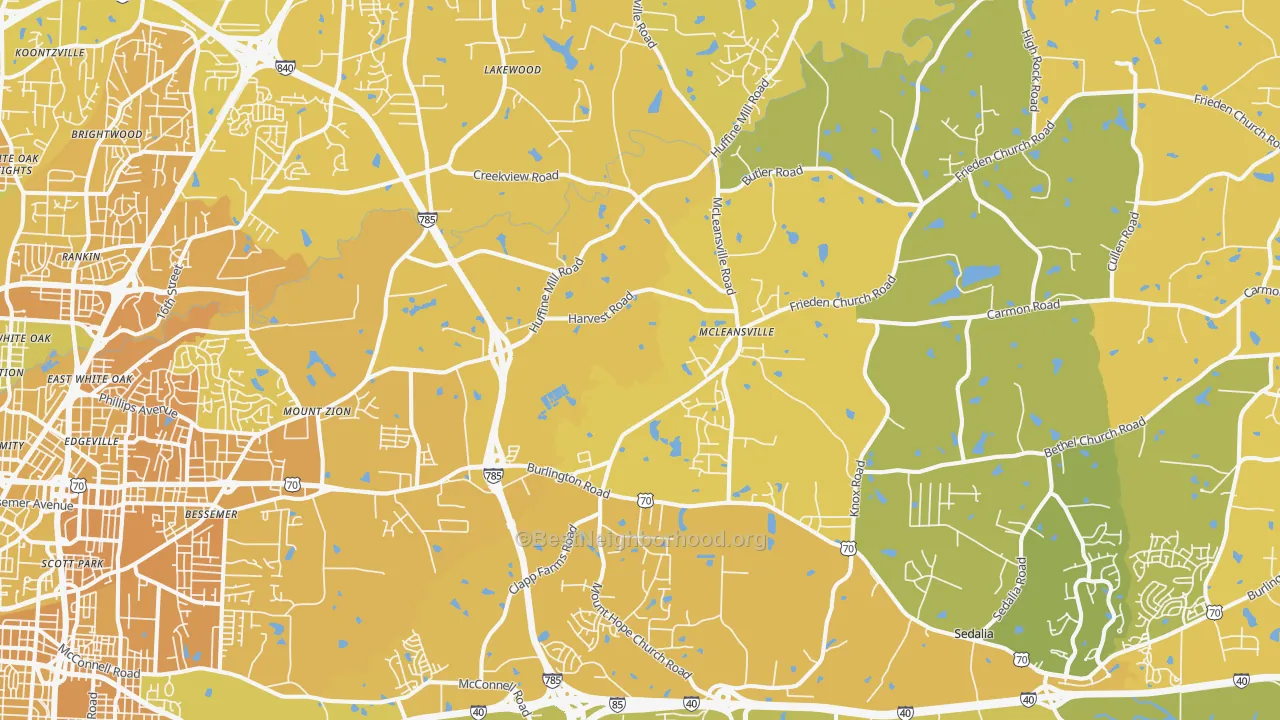 Map of the best neighborhoods in the McLeansville area, with better matches in green and worse matches in red