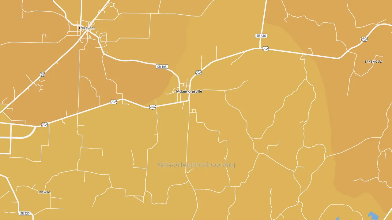 Map of the best neighborhoods in the McLemoresville area, with better matches in green and worse matches in red