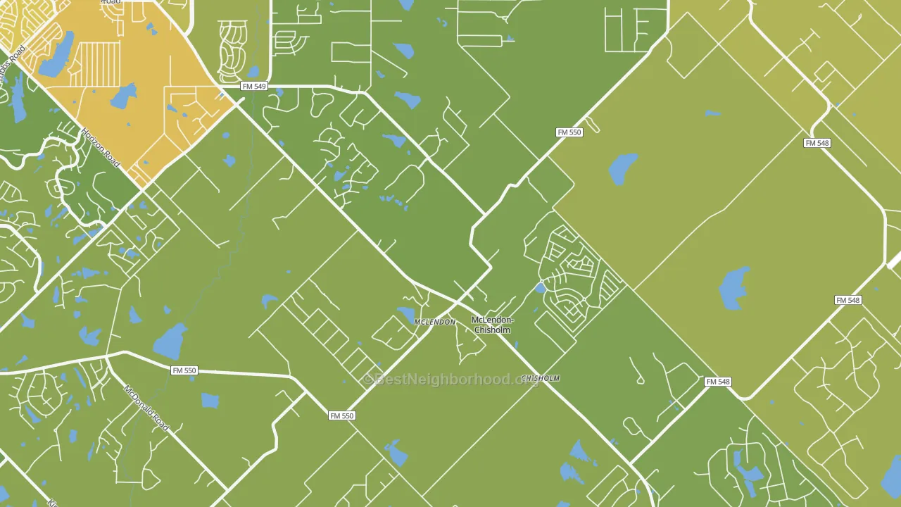 Map of the best neighborhoods in the McLendon-Chisholm area, with better matches in green and worse matches in red