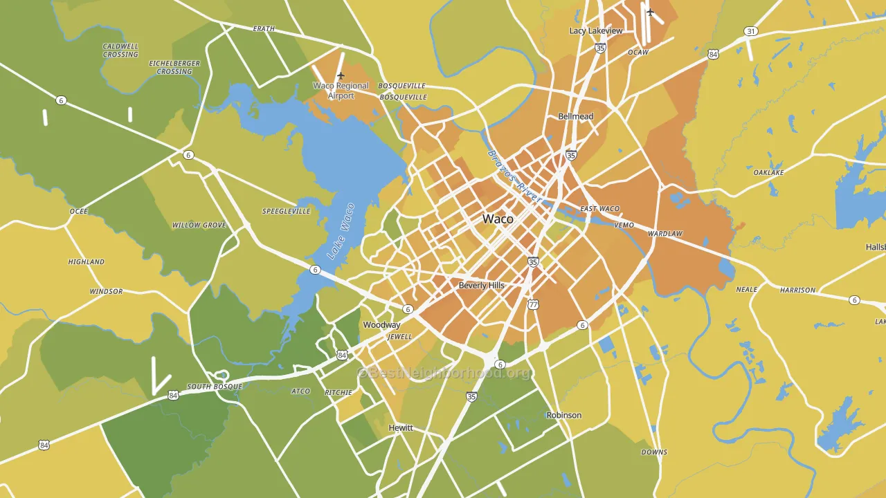 Map of the best neighborhoods in the McLennan County area, with better matches in green and worse matches in red
