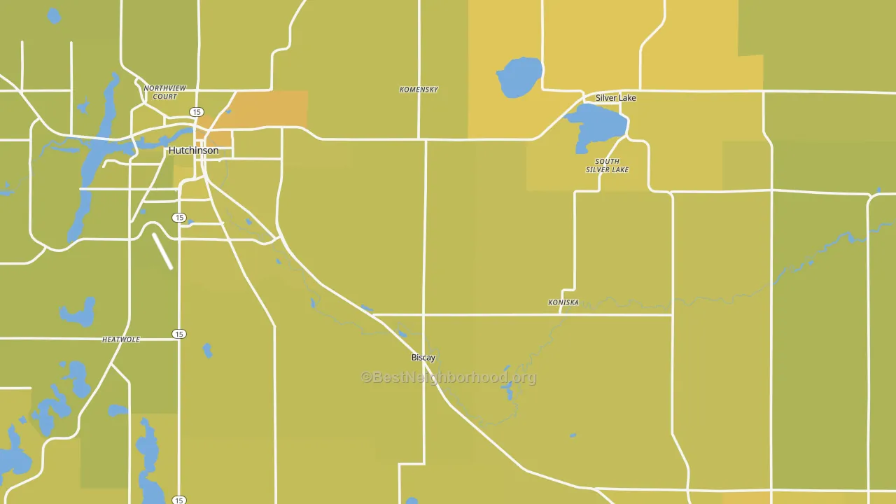 Map of the best neighborhoods in the McLeod County area, with better matches in green and worse matches in red