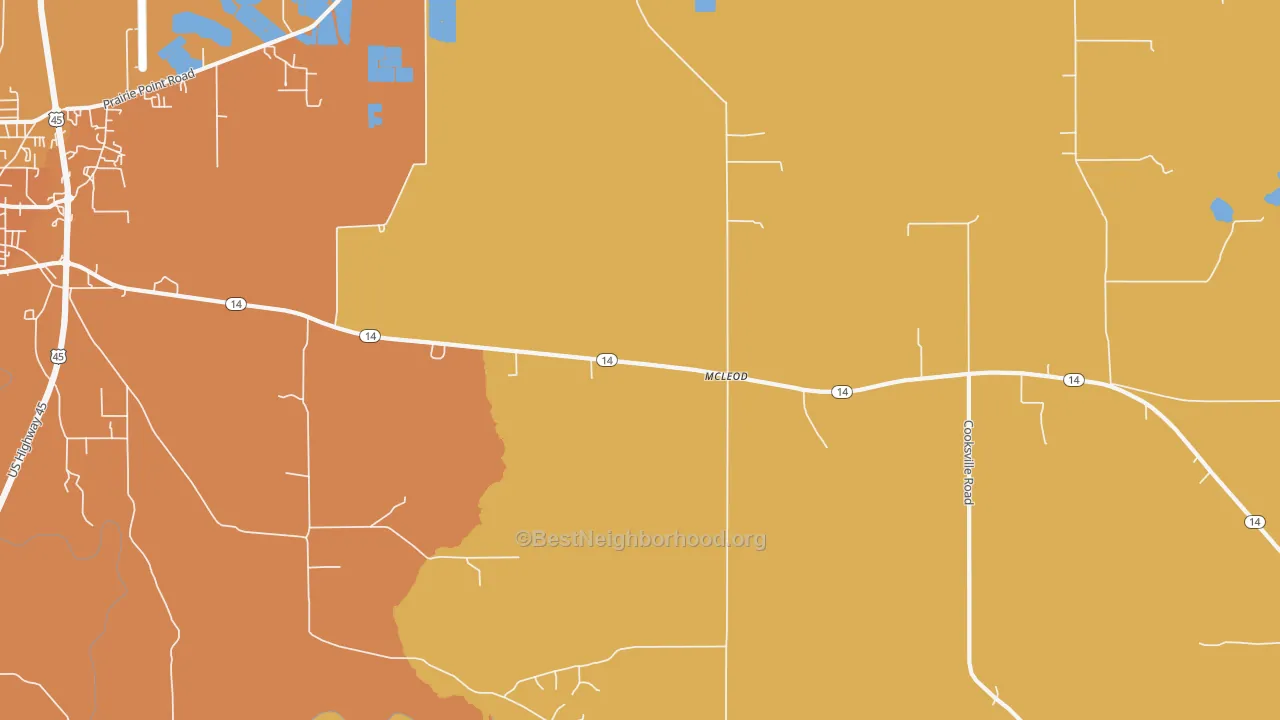 Map of the best neighborhoods in the McLeod area, with better matches in green and worse matches in red
