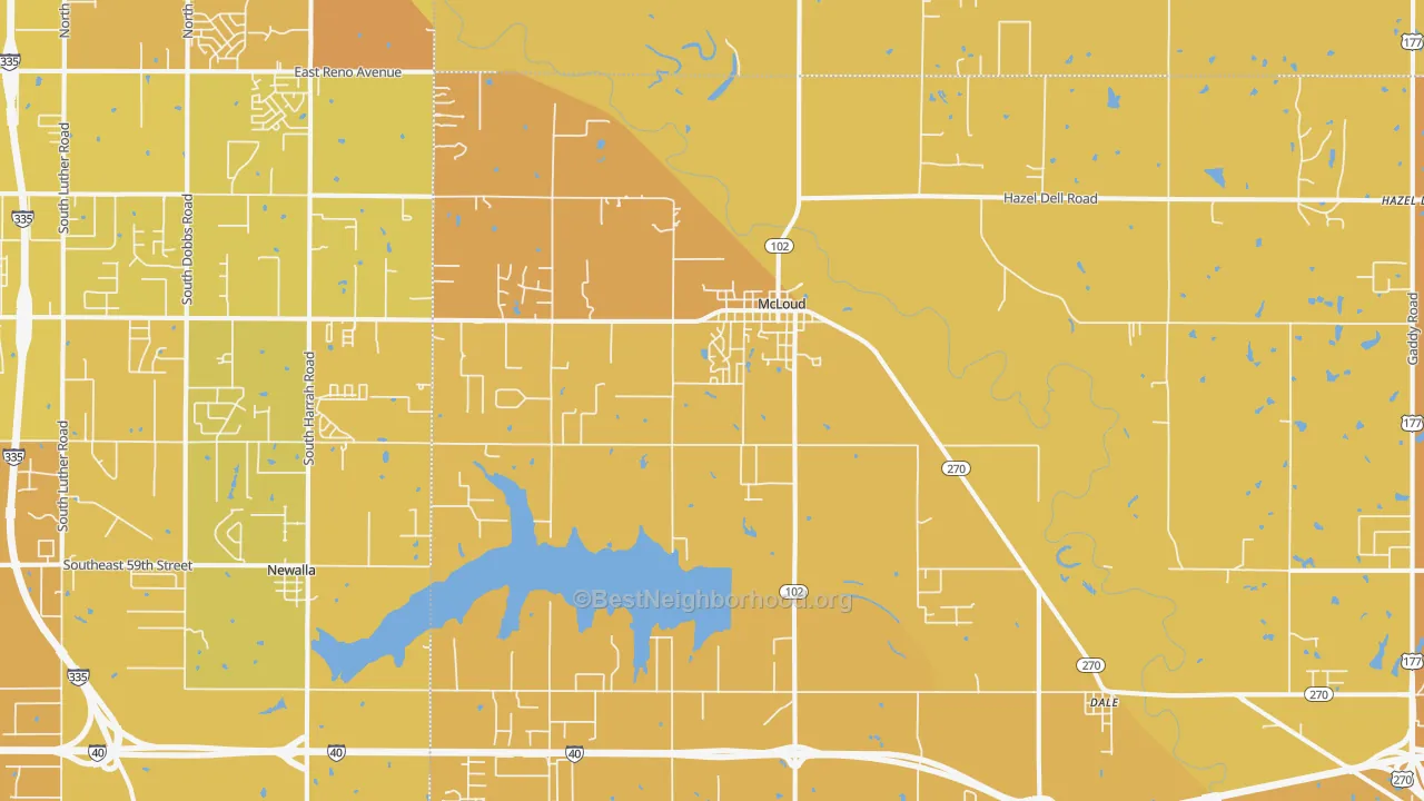 Map of the best neighborhoods in the Mcloud area, with better matches in green and worse matches in red