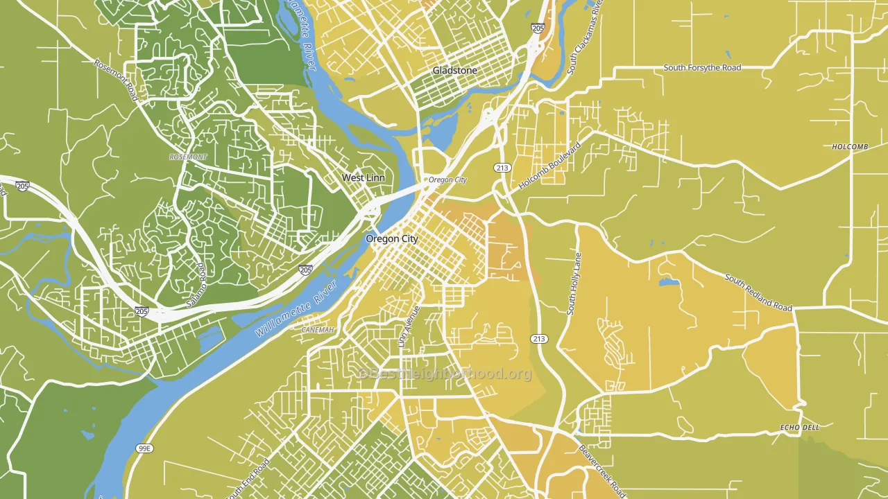 Map of the best neighborhoods in the McLoughlin, Oregon City area, with better matches in green and worse matches in red