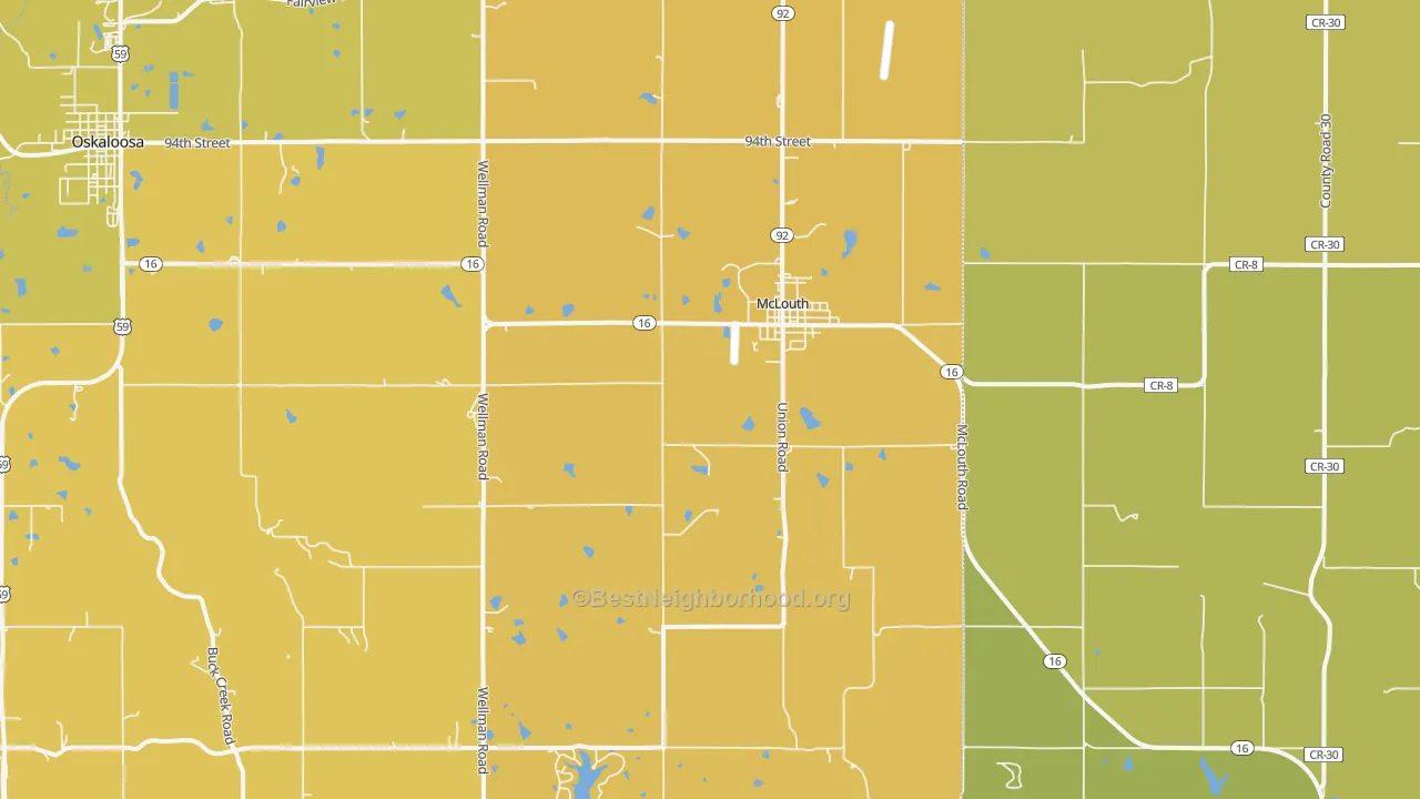 Map of the best neighborhoods in the McLouth area, with better matches in green and worse matches in red