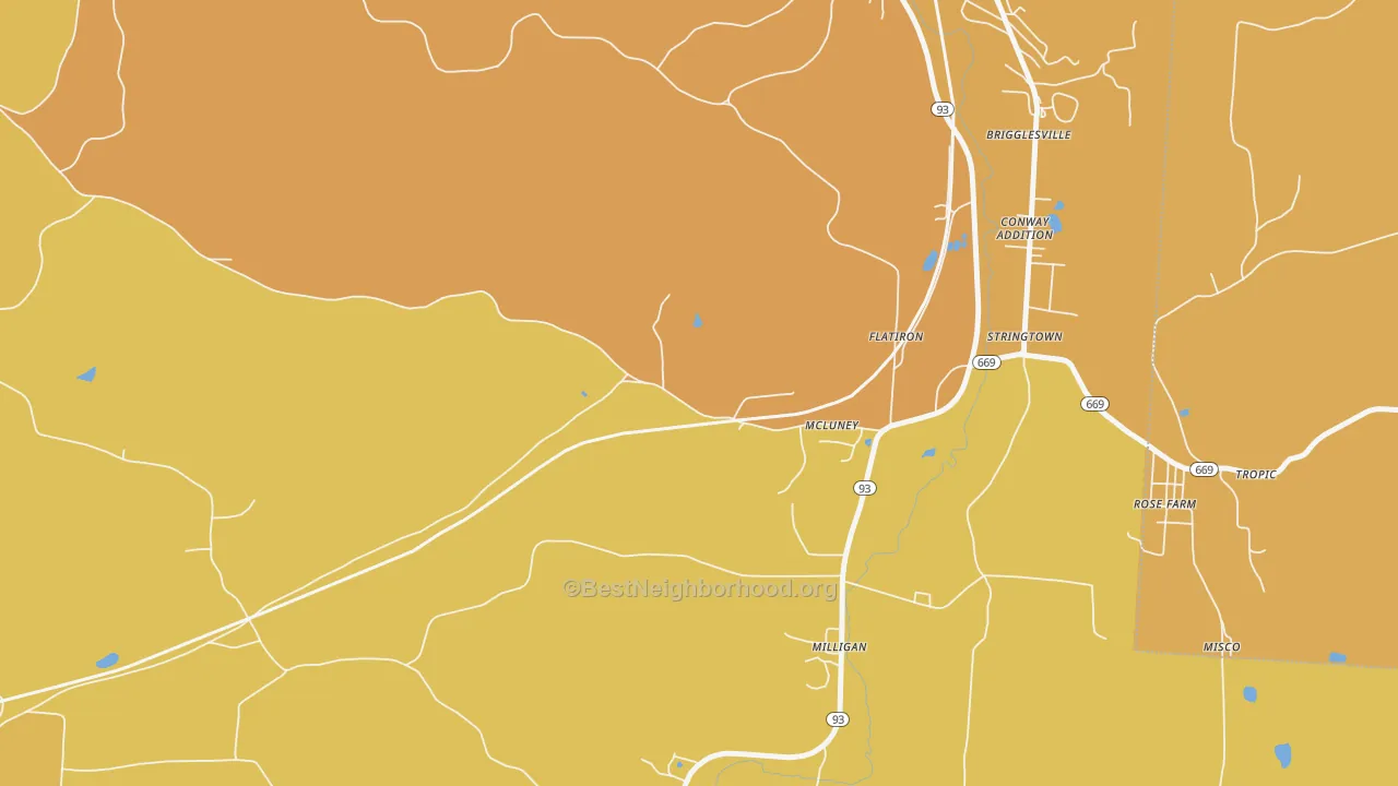 Map of the best neighborhoods in the McLuney area, with better matches in green and worse matches in red