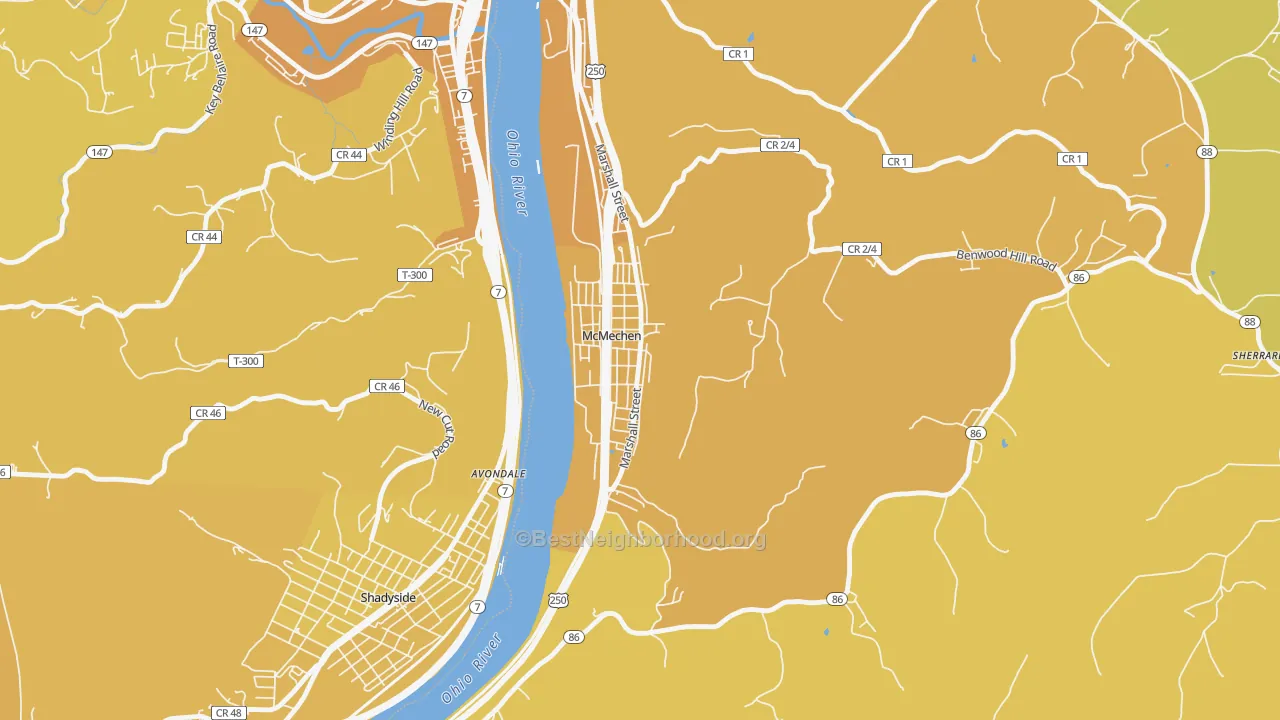 Map of the best neighborhoods in the McMechen area, with better matches in green and worse matches in red