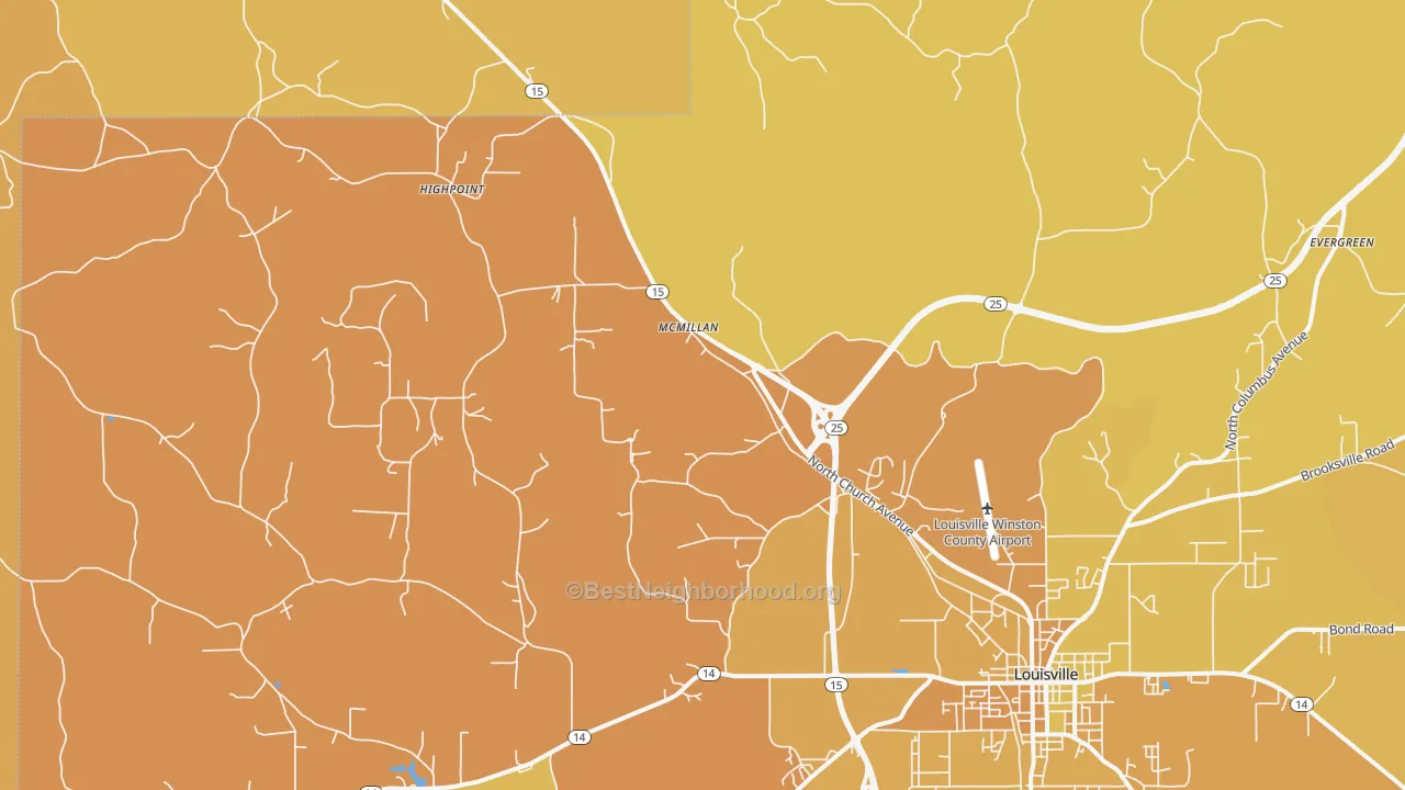 Map of the best neighborhoods in the McMillan area, with better matches in green and worse matches in red