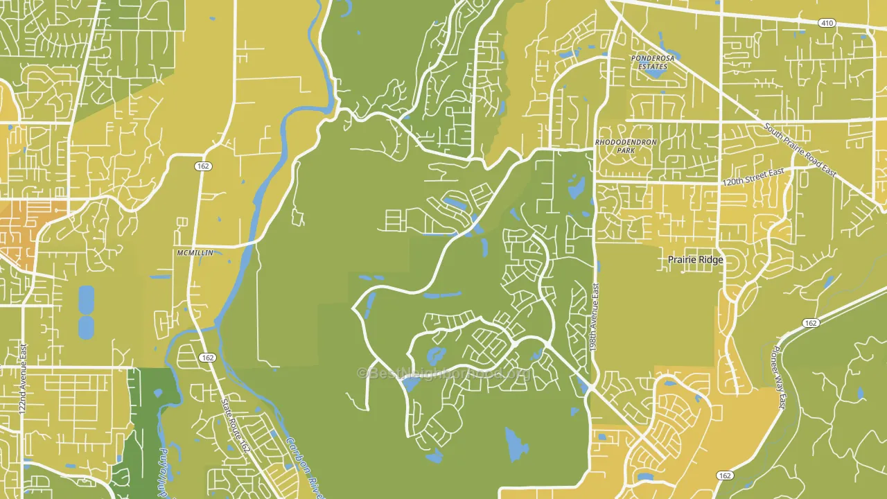 Map of the best neighborhoods in the McMillin area, with better matches in green and worse matches in red