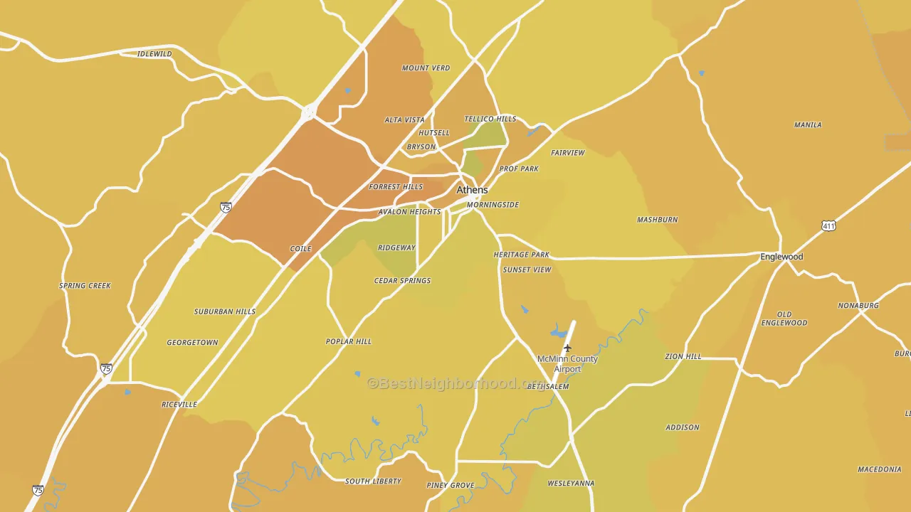 Map of the best neighborhoods in the McMinn County area, with better matches in green and worse matches in red