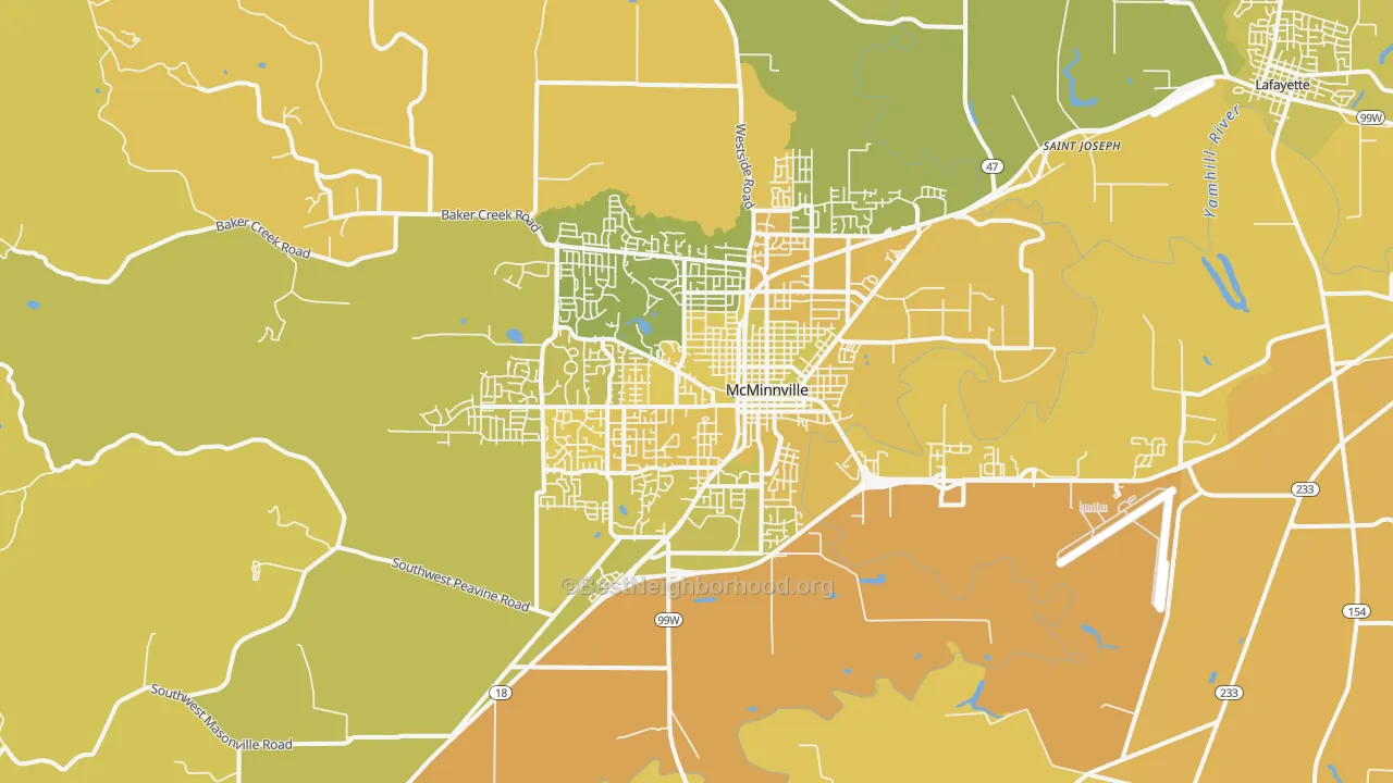 Map of the best neighborhoods in the Mcminnville area, with better matches in green and worse matches in red