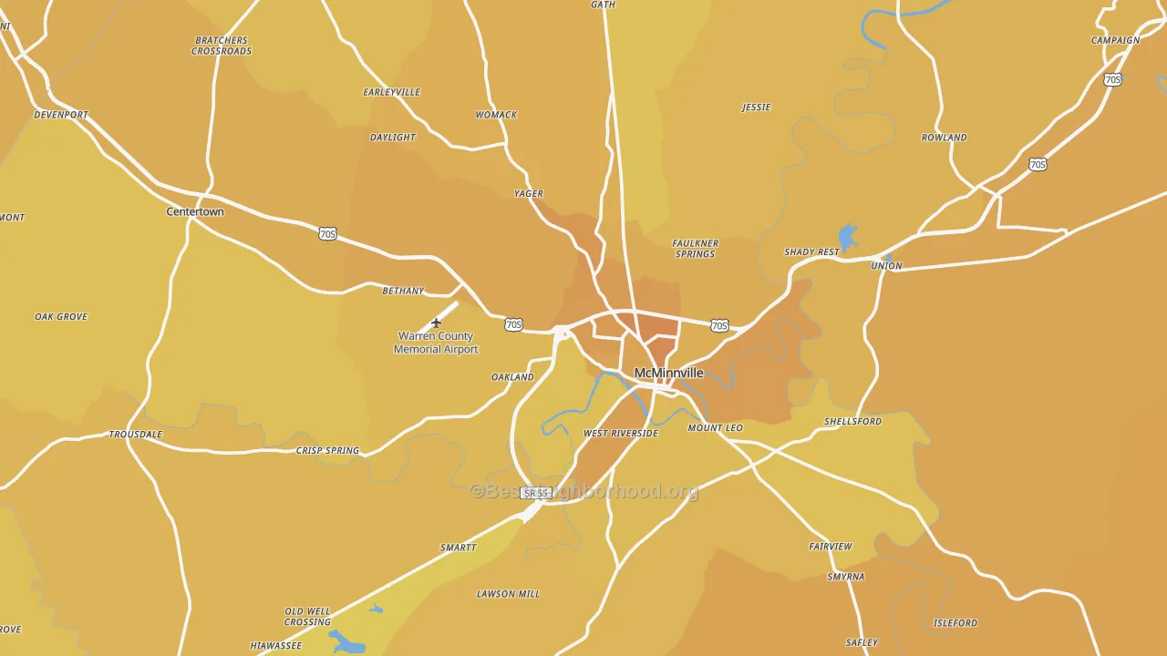 Map of the best neighborhoods in the McMinnville area, with better matches in green and worse matches in red