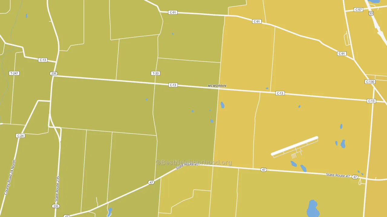 Map of the best neighborhoods in the McMorran area, with better matches in green and worse matches in red