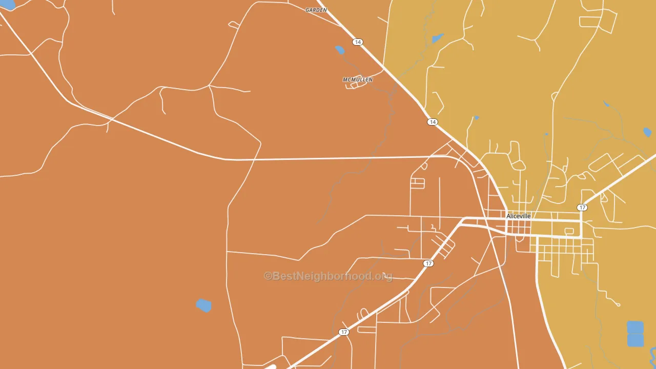 Map of the best neighborhoods in the McMullen area, with better matches in green and worse matches in red