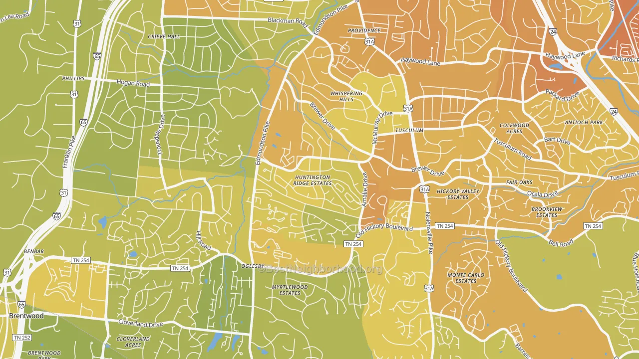 Map of the best neighborhoods in the McMurray-Huntingdon, Nashville area, with better matches in green and worse matches in red