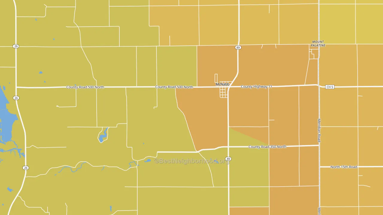 Map of the best neighborhoods in the McNabb area, with better matches in green and worse matches in red