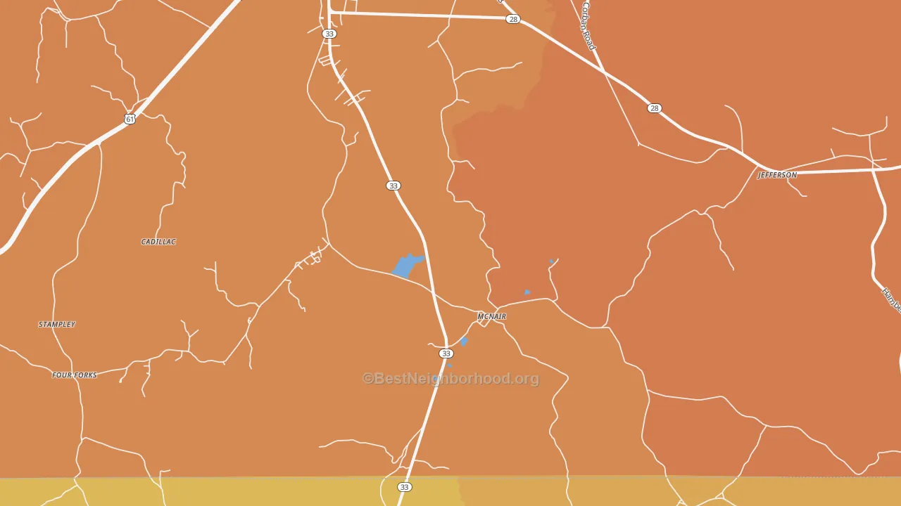 Map of the best neighborhoods in the McNair area, with better matches in green and worse matches in red