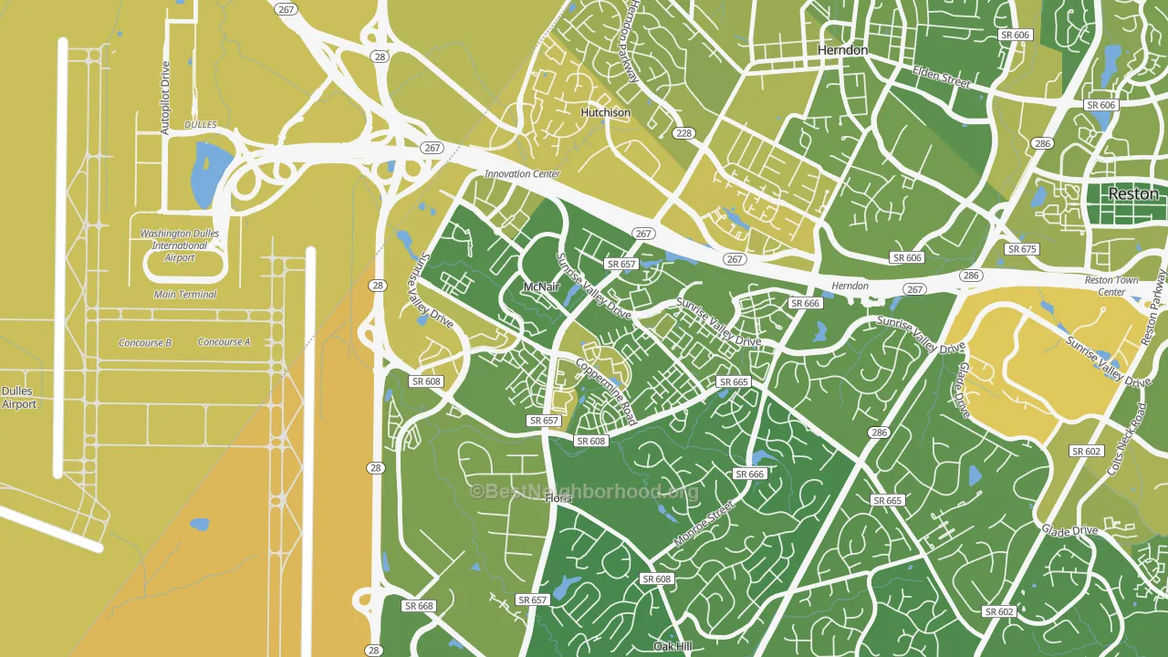 Map of the best neighborhoods in the McNair area, with better matches in green and worse matches in red