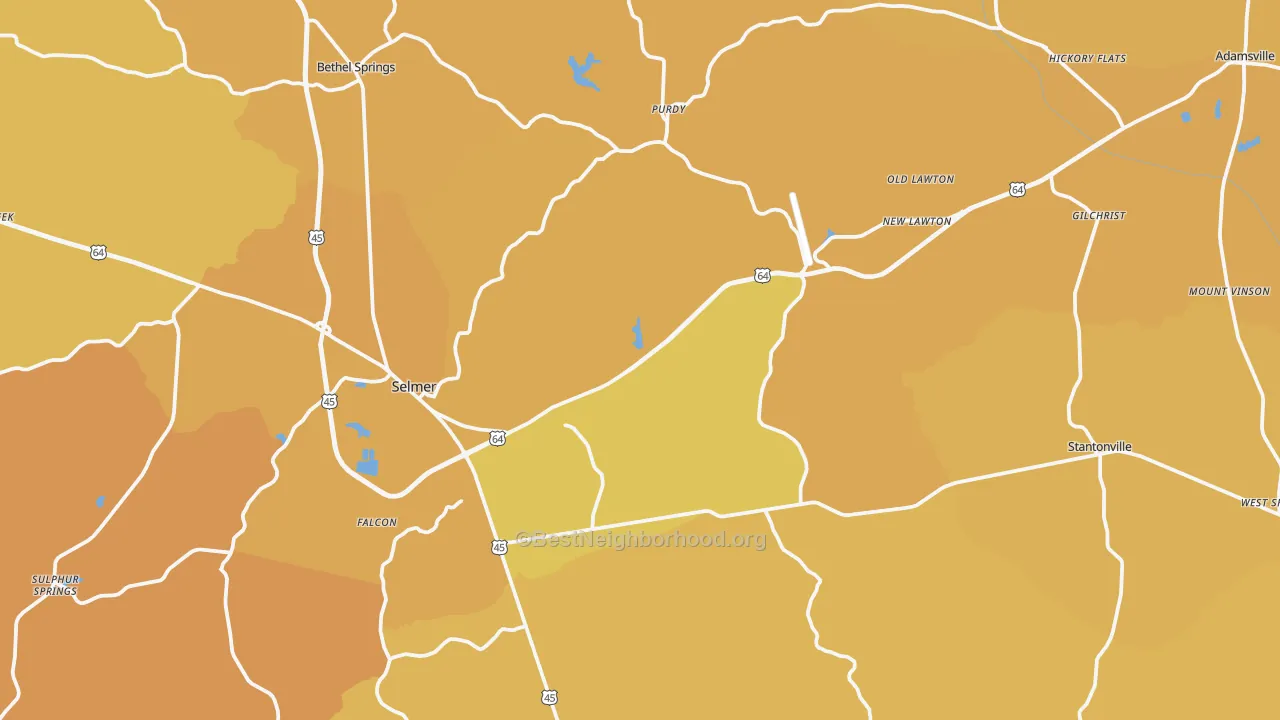Map of the best neighborhoods in the McNairy County area, with better matches in green and worse matches in red