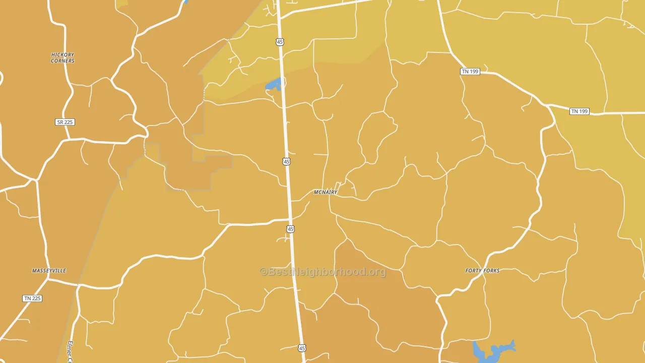 Map of the best neighborhoods in the McNairy area, with better matches in green and worse matches in red