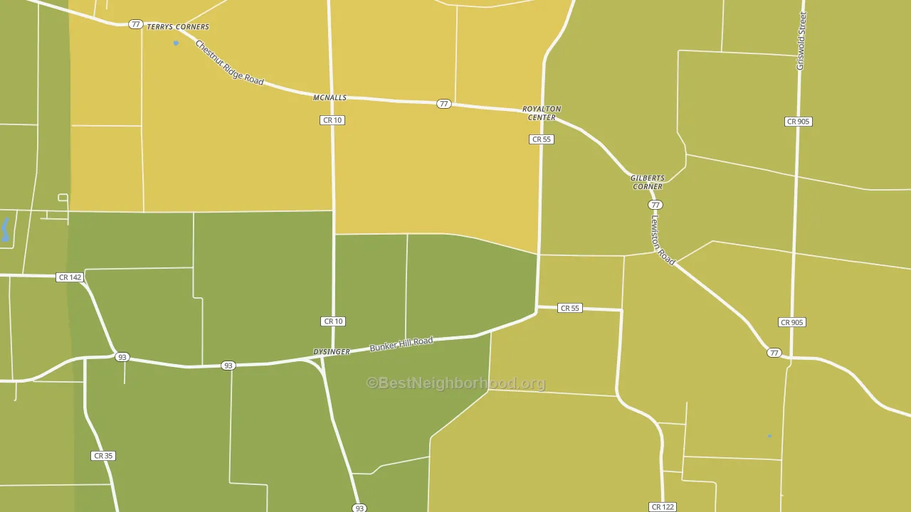 Map of the best neighborhoods in the McNalls area, with better matches in green and worse matches in red