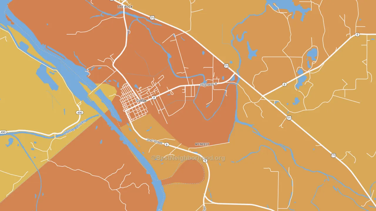 Map of the best neighborhoods in the McNeely area, with better matches in green and worse matches in red