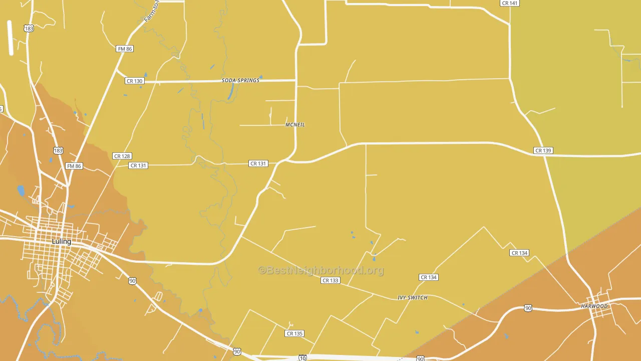 Map of the best neighborhoods in the McNeil area, with better matches in green and worse matches in red