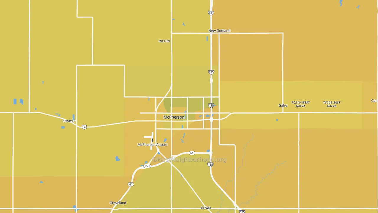 Map of the best neighborhoods in the McPherson County area, with better matches in green and worse matches in red