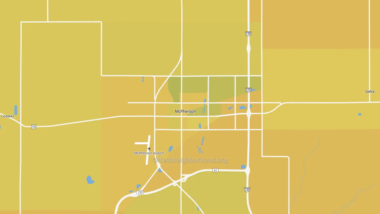 Map of the best neighborhoods in the McPherson area, with better matches in green and worse matches in red