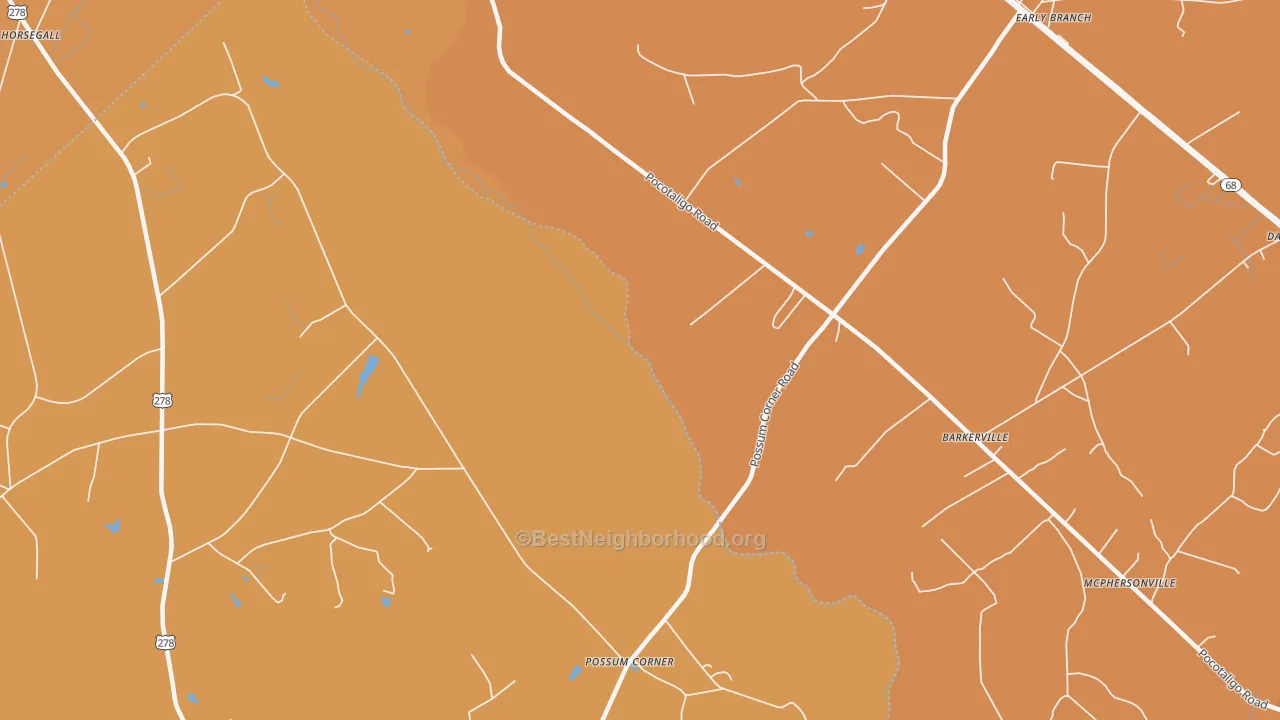 Map of the best neighborhoods in the McPhersonville area, with better matches in green and worse matches in red