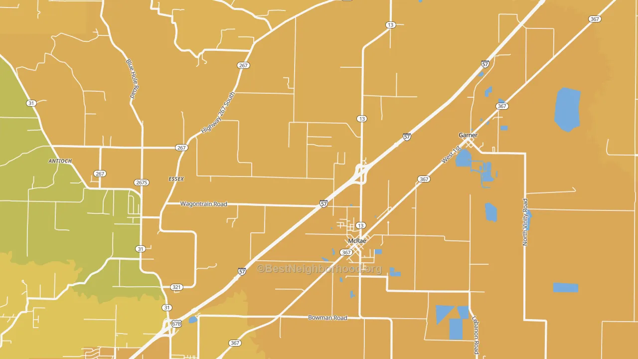 Map of the best neighborhoods in the McRae area, with better matches in green and worse matches in red