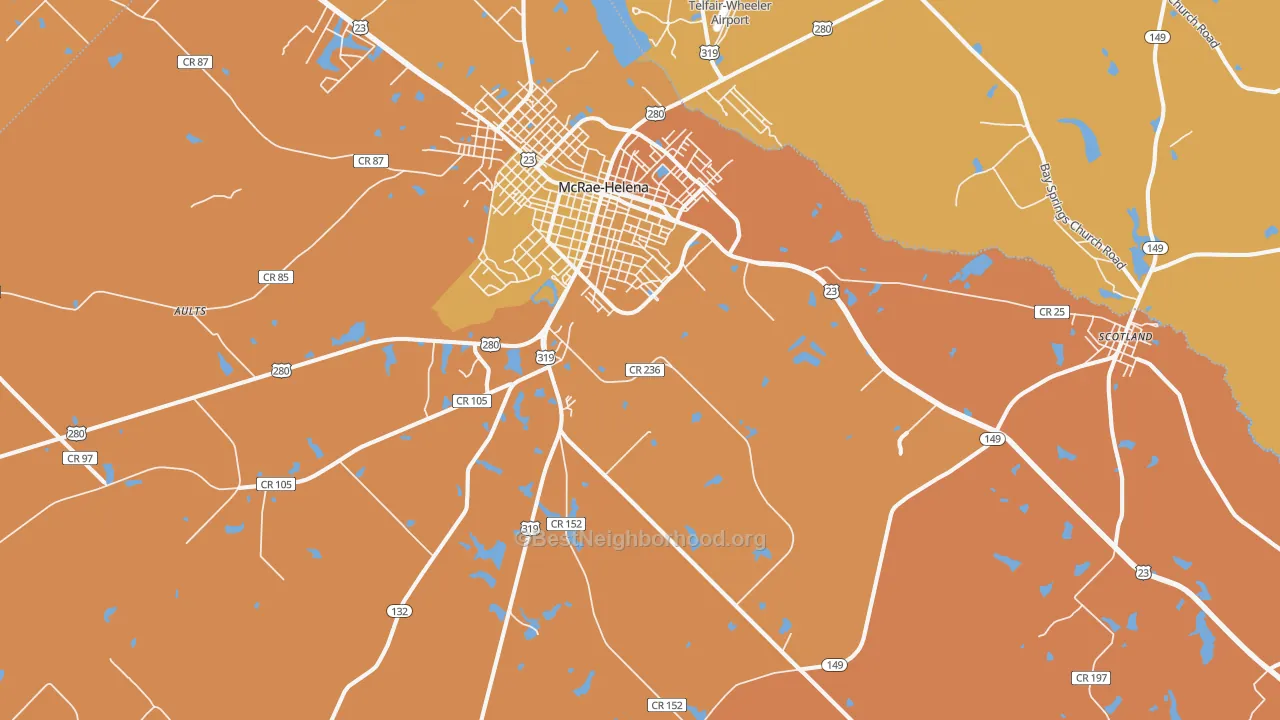 Map of the best neighborhoods in the McRae area, with better matches in green and worse matches in red