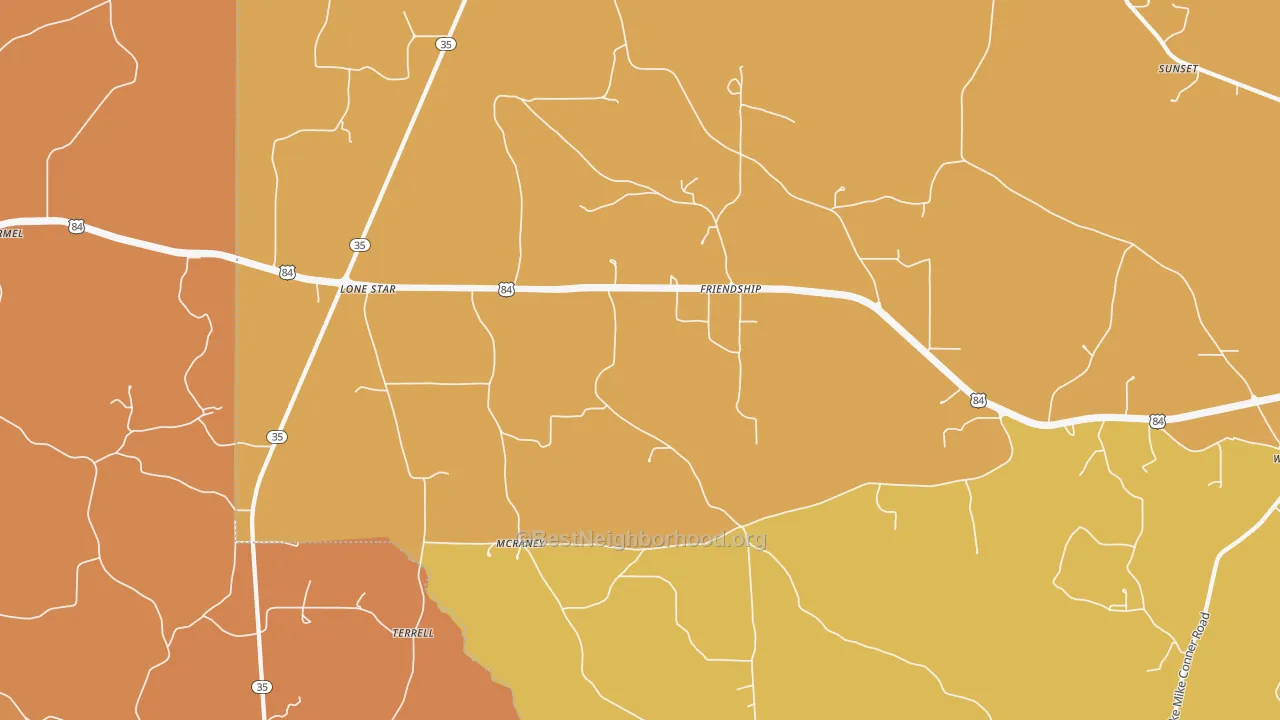 Map of the best neighborhoods in the McRaney area, with better matches in green and worse matches in red