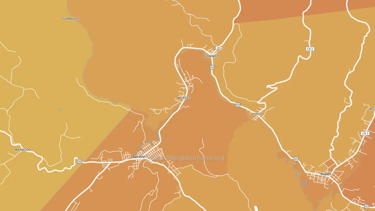 Map of the best neighborhoods in the McRoss area, with better matches in green and worse matches in red