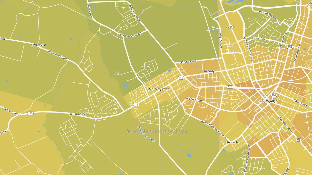 Map of the best neighborhoods in the McSherrystown area, with better matches in green and worse matches in red
