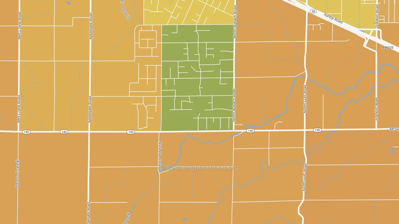 Map of the best neighborhoods in the McSwain area, with better matches in green and worse matches in red