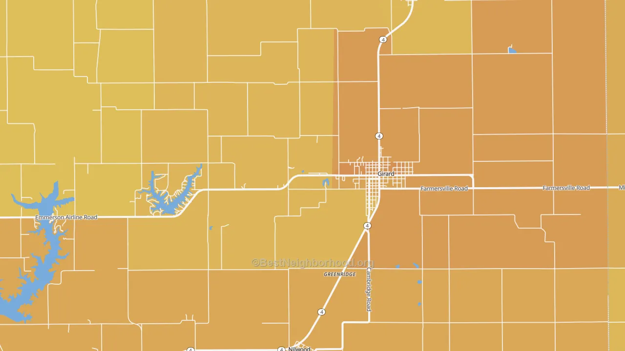 Map of the best neighborhoods in the McVey area, with better matches in green and worse matches in red