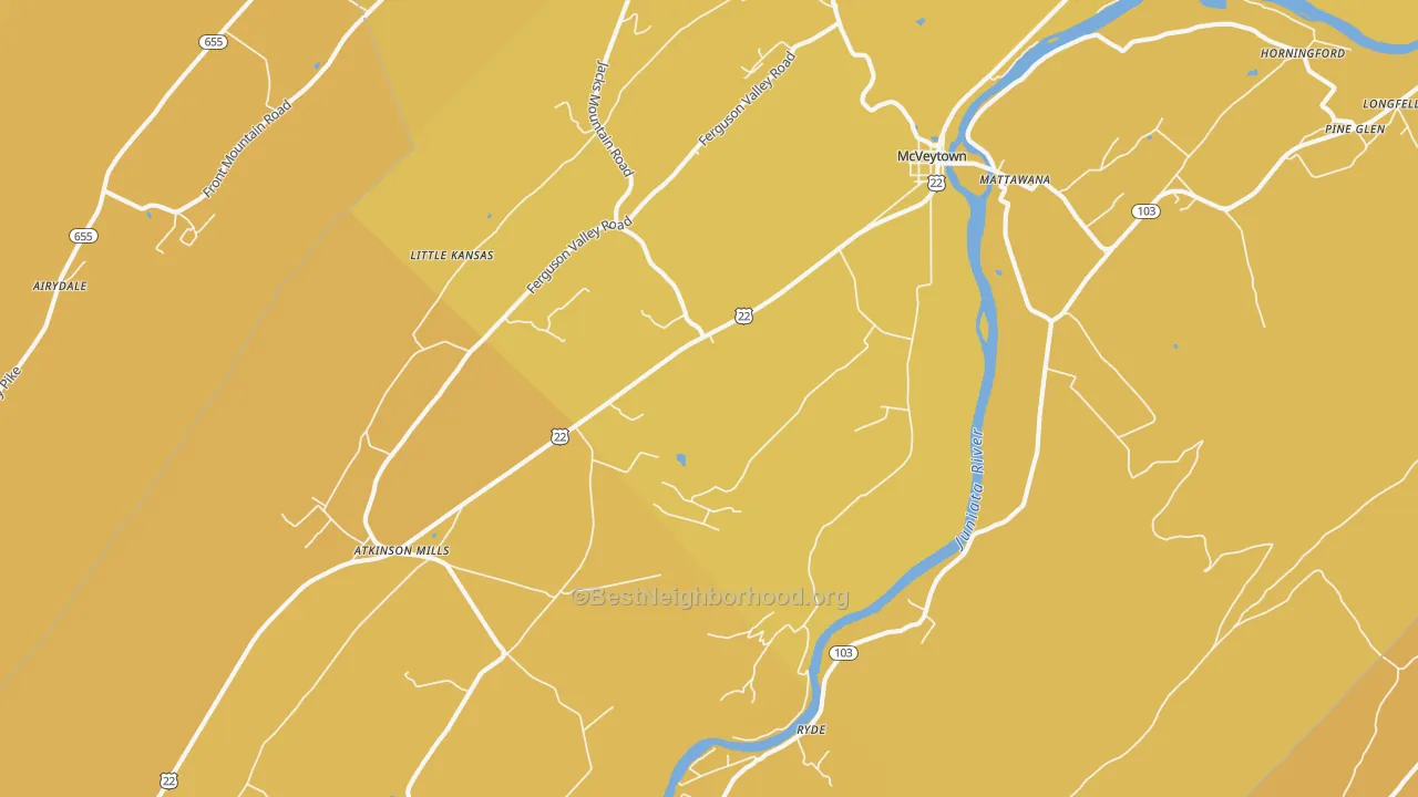 Map of the best neighborhoods in the Mcveytown area, with better matches in green and worse matches in red